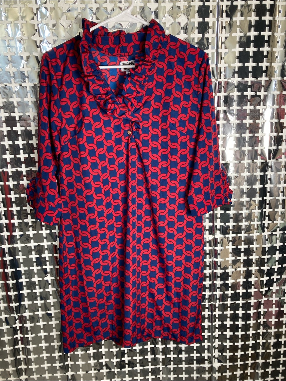 Mud Pie Red & Blue Tie-Neck Geometric Mini Dress